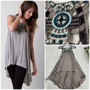New Free People Quest Tank Top Tunic‎ Split Sides Blouse Aztec Beaded
